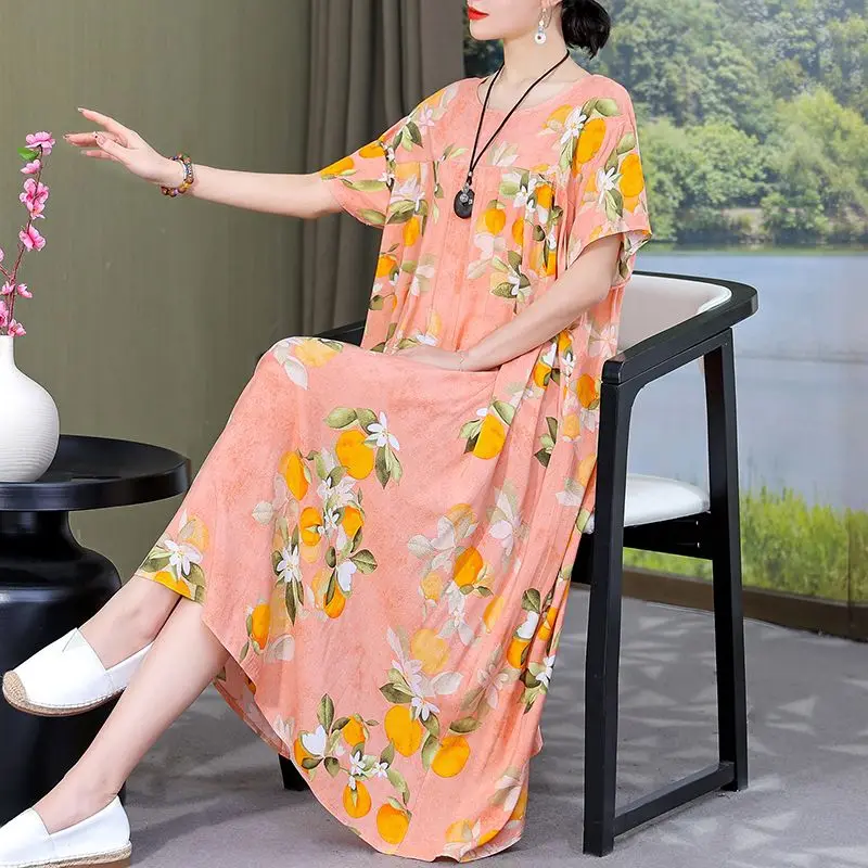 Female Clothing Casual O-Neck Midi Dress Loose Straight Summer Short Sleeve Vintage Broken Flowers Fashion Folds Commute Dresses