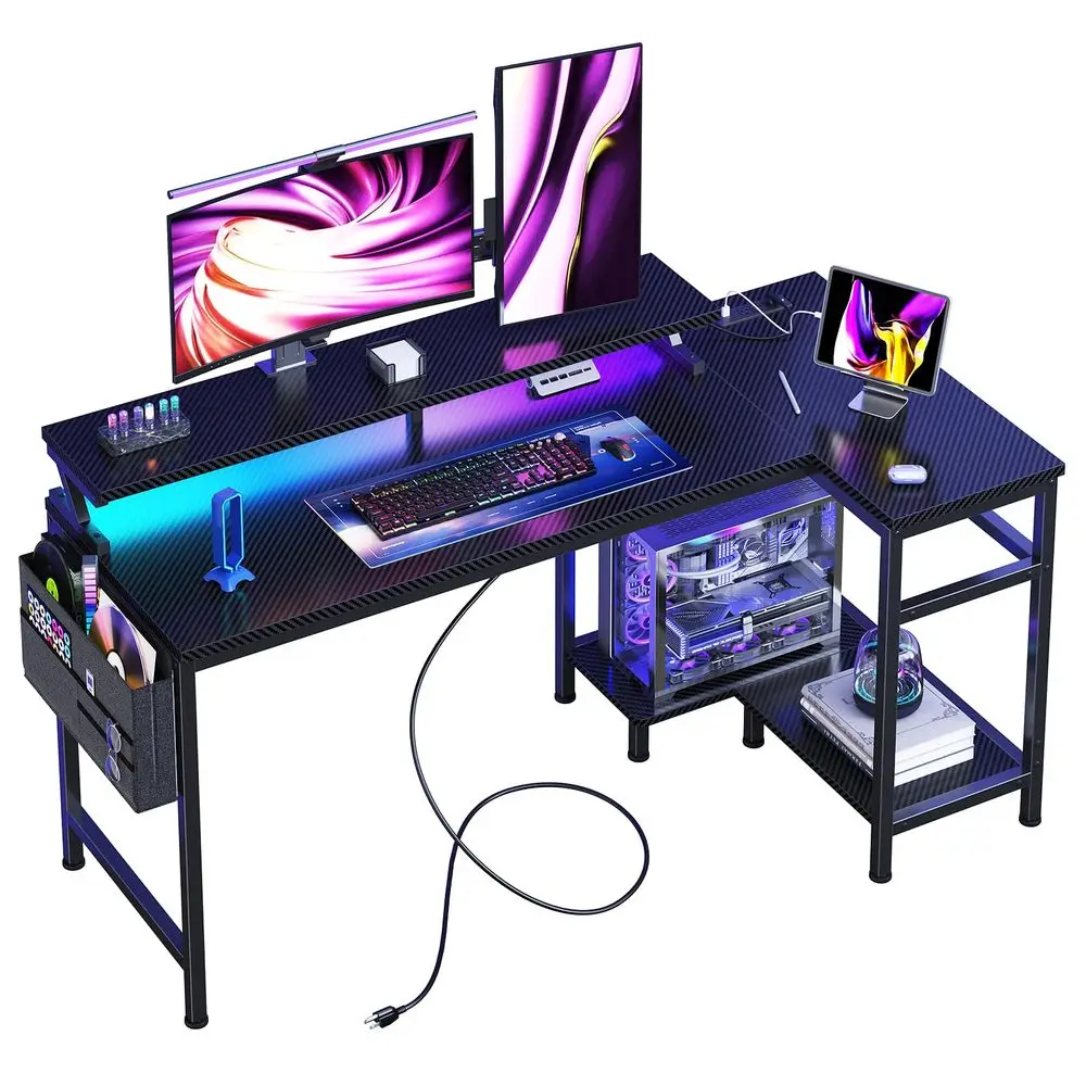 Gaming Desk, Computer Desk with USB Charging Ports, Power Outlets, TypeC and LED Lights, Reversible L Shaped Desk with Storage S