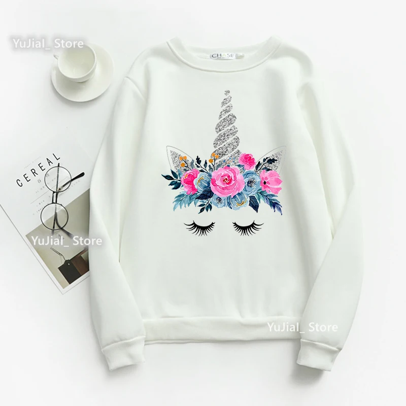 Unicorn Print Sweatshirt Women'S Clothing Crown Pink Flowers Hoodies Femme Harajuku Kawaii Coat Long-Sleeved Tracksuit