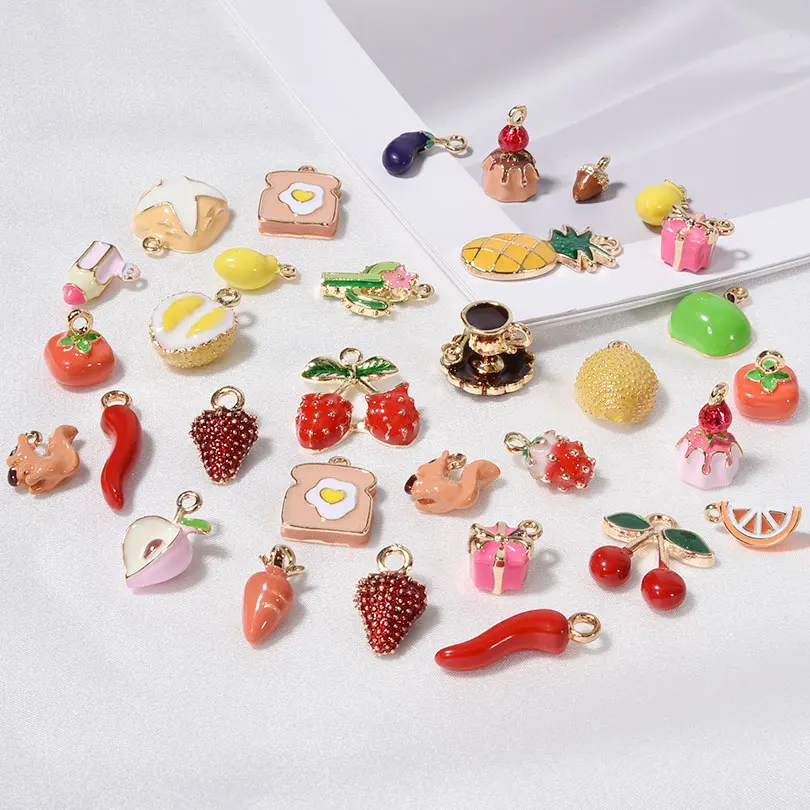 6/12/24Pack Mix Enamel 3D Fruits Orange Peach Strawberry Cherry Pendant Jewelry Hot Pepper Bread Coffee Cake Breloques Finding