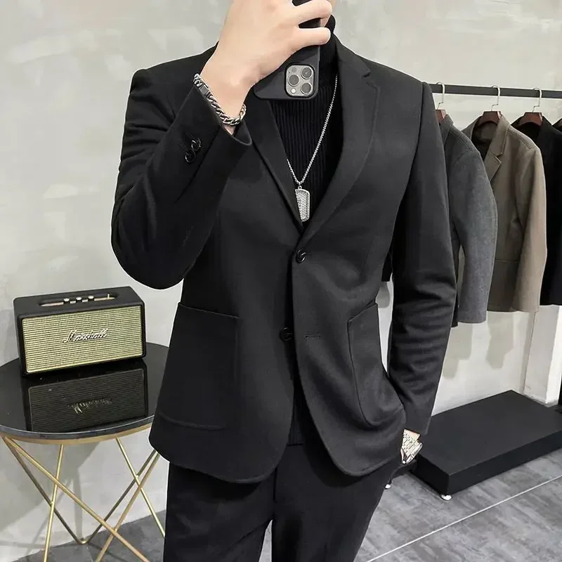 Cropped Dress Jackets Male Blazer Coat Single Breasted Short Men\'s Suit Business Korean Style Clothes Vintage Classic Menswear