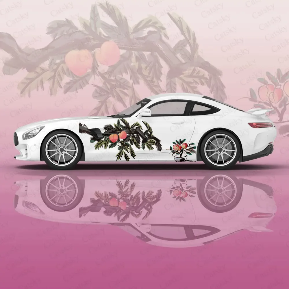 Ink Peach Tree Car Hood Bonnet Vinyl Decals Protect Door Side Skirt Sticker Vinyl Wrap Body Decoration Stripes Racing Sticker