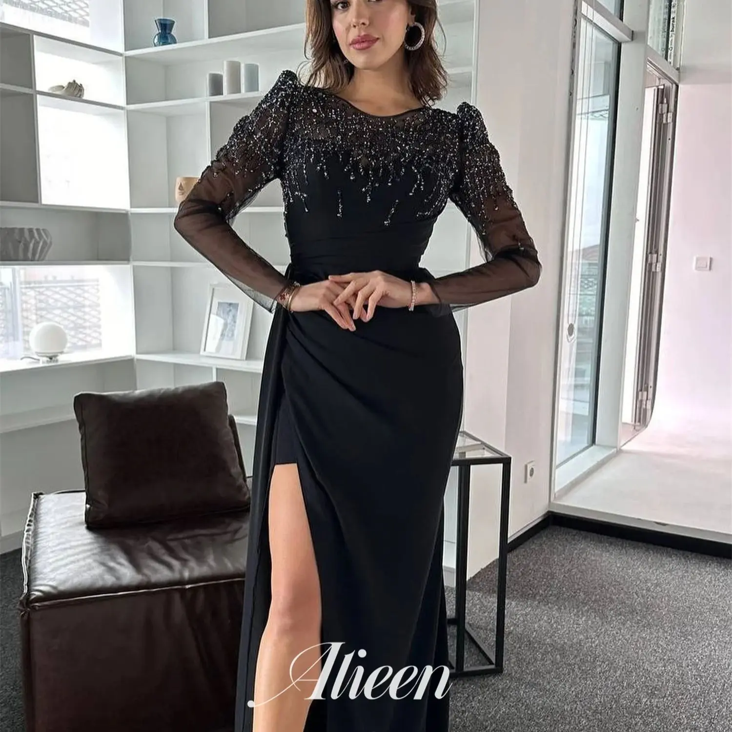 

Aileen Customized Saudi Women's Evening Dresses for Special Occasions Beads Prom Dresses 2025 Long Sleeves Black Side Slit Party