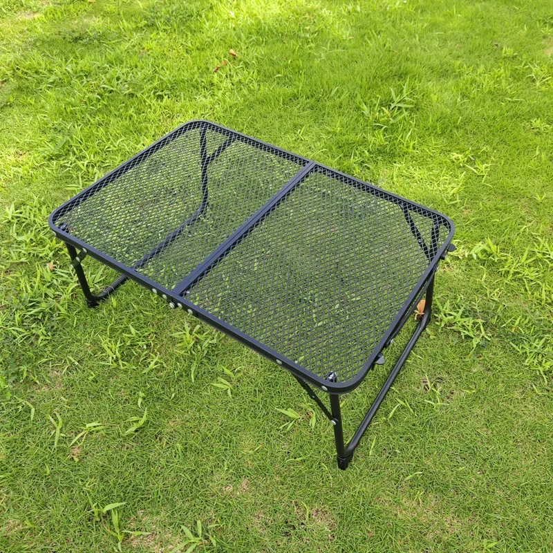 Outdoor iron mesh black frame aluminum alloy table with foot mats indoor and outdoor camping tpye and simple