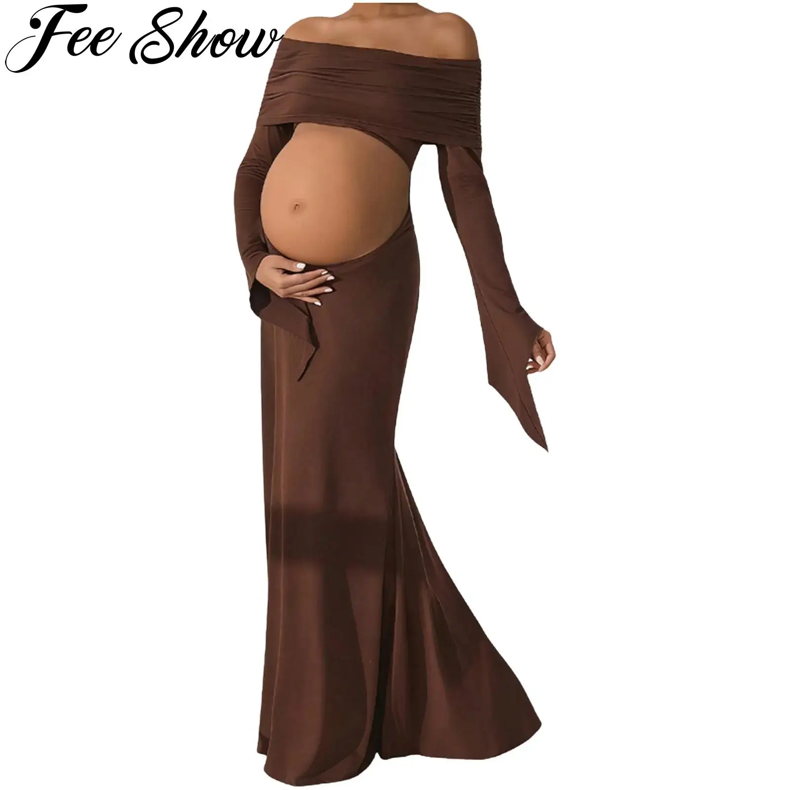 

Платье для фотосессии беременных: с открытыми плечами, длинными расклешенными рукавами, вырезами, драпировкой, макси-платье для беременных, наряд для фотосъемки