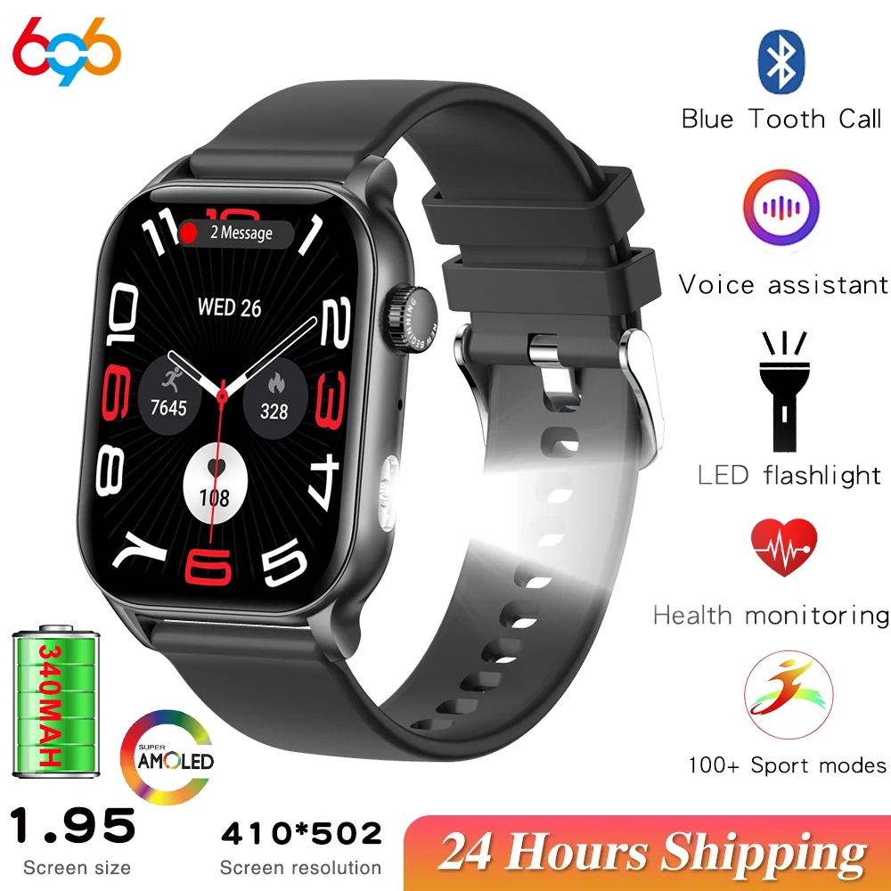 

2025 New Outdoor Sport AMOLED Large Screen Blue Tooth Call Heart Rate Health Smartwatch Flashlight SOS Waterproof Smart Watch