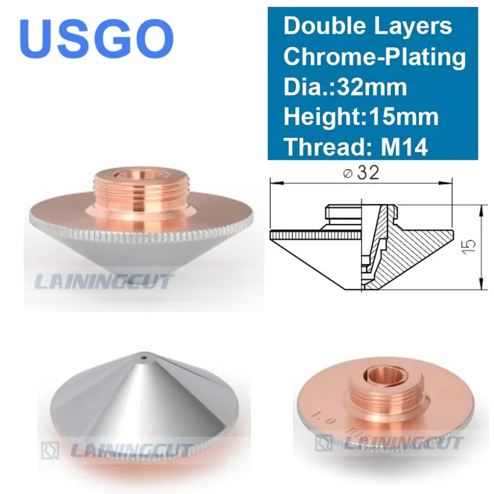 

USGO OEM Double Layers Laser Nozzle Dia.32mm H15 M14 Caliber 0.8 - 4.0 for Precitec 1064nm Fiber Laser Cutting Head Machine