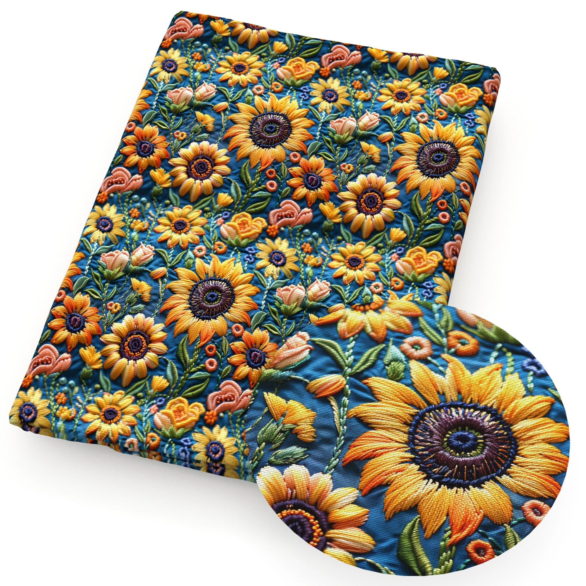 50*145cm Sunflower 3D Floral Imitation Embroidery Printed Polyester/Pure Cotton Fabric Patchwork Sewing Quilt Needlework Cloth