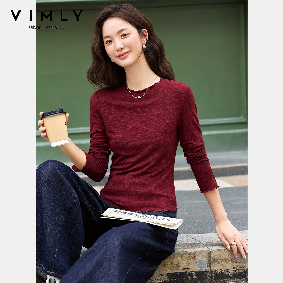 VIMLY Dames Wit Lange Mouw Tops Casual Ruches Ronde Hals Dames Tee Herfst 2025, Elegant Gebreid Stretch T-shirt Femmes A2389