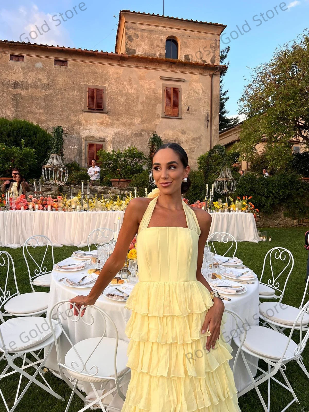 Summer Yellow Evening Dresses A Line Tiered Sleeveless Prom Gowns for Dubai Backless Elegant Vestido de  Gala Customized