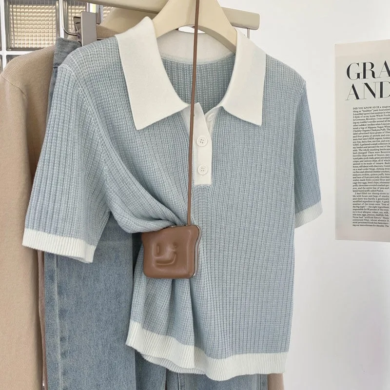 

Blue Knitted ort Sve irt Women's Summer Thin Ice Silk Design Sense Top Comfortable Breathable Stretchy Material