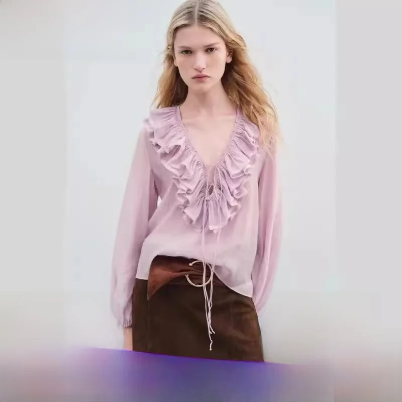 

Spring New Sle Women's irt Long Sve Dstring Decorative Layered Hemline Faionable Versatile Loose Fit Basic Sle