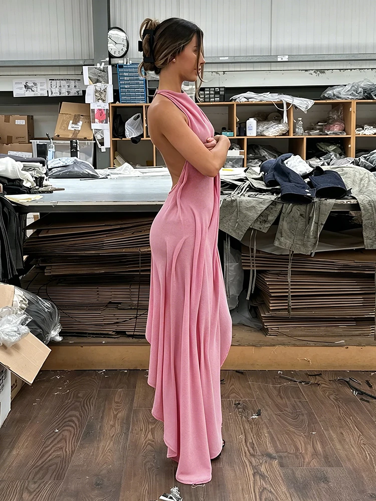 Sisterlinda Trend Mode Sexy Langes Kleid Damen Rückenfrei O-Ausschnitt Ärmellos Unregelmäßiger Saum Urlaub Gerafftes Elegantes Kleid – Detail 17