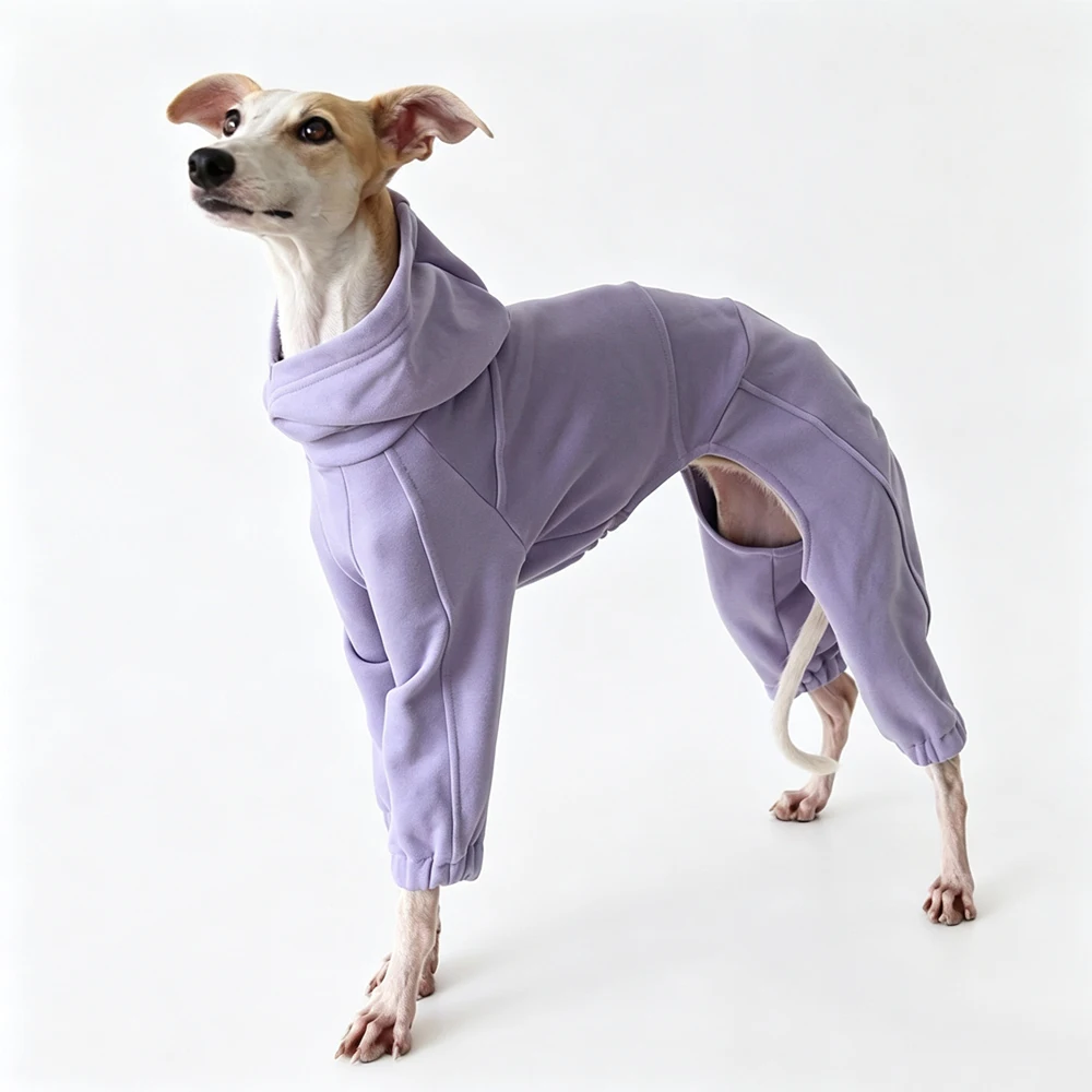Modieus gestroomlijnd 4-potig ondershirt voor Whippet-honden, warme blauwe hoodie voor herfst en winter voor kleine middelgrote windhonden.