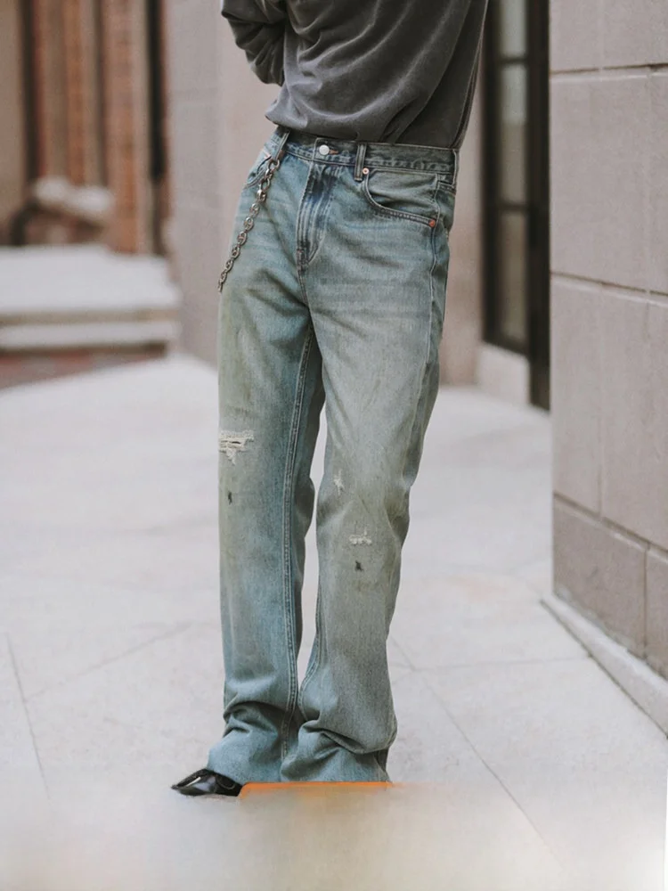 

Waed Denim Loose Micro Flared Pants Red Ear Jeans Casual Youthful Long Trousers Middle Waist Zipper Fly Four Seasons Wear