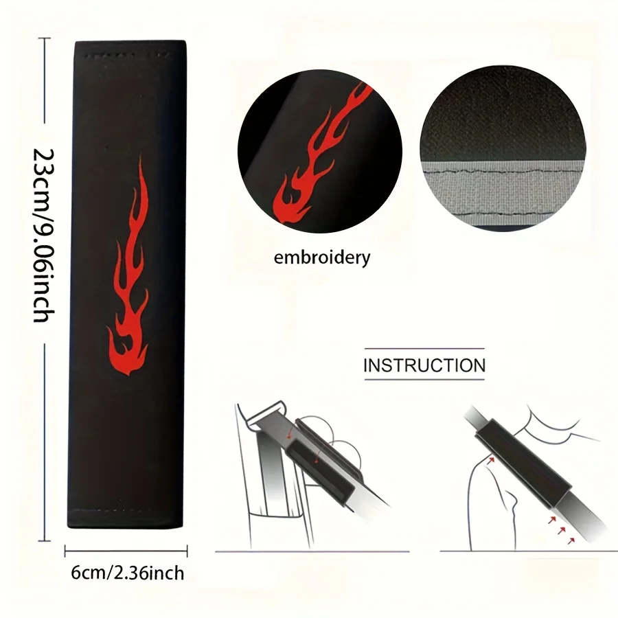 2Pcs Flame Embroidered Seat Belt Shoulder Cover Soft Breathable Adjustable Universal Car Interior Pad