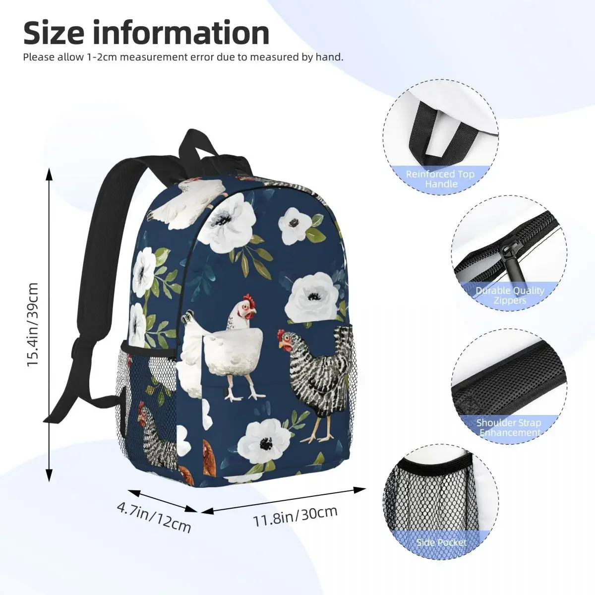 Watercolor Chicken Floral, Farm Animals, Country Chic Chickens Backpacks Teenager Bookbag Students School Rucksack Shoulder Bag