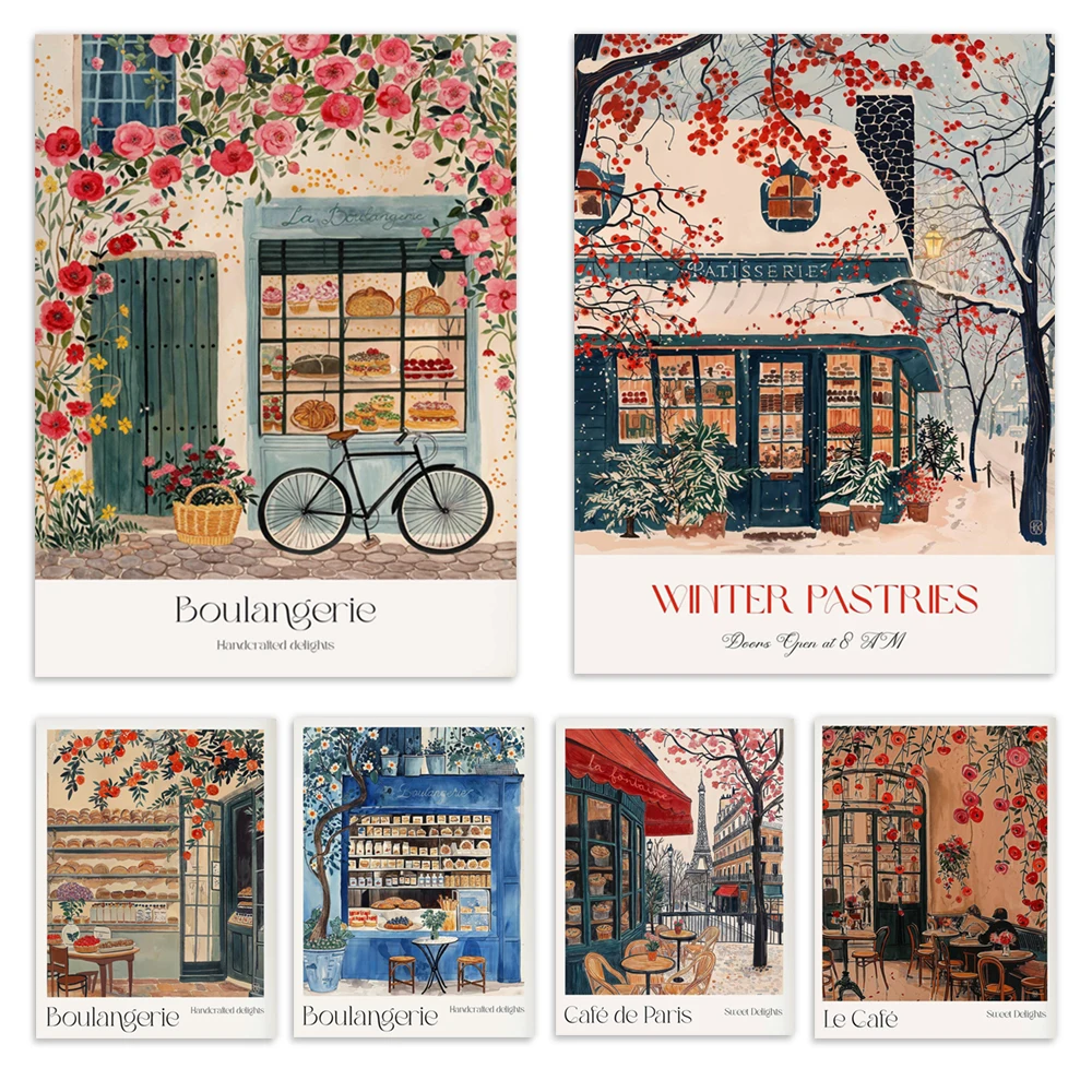 Café parisino, jardín de rosas francés, postre, impresiones para hornear, ilustraciones de panadería, carteles de decoración de cocina romántica pastoral