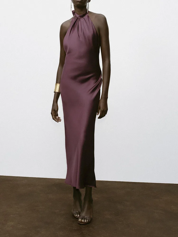 

Ele Bal шелковое атласное платье миди Dr ZA2025, новое летнее женское модное длинное платье с высоким вырезом для банкета