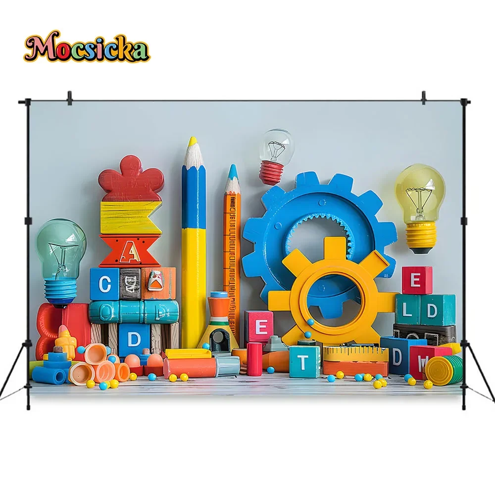 Back To School Party Background for Student Kids Photography Colorful Gear Pencil Backdrop Decor  Baby Cake Smash Photo Studio