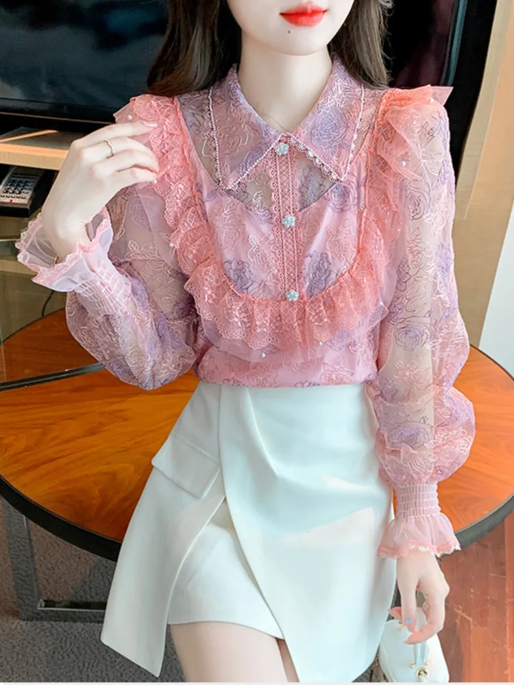 #3256 Spring Summer Lace Blouse Femme Polo Collar Vintage Split Joint Ruffles Mesh Perspective Women Shirts Slim Thin Embroidery