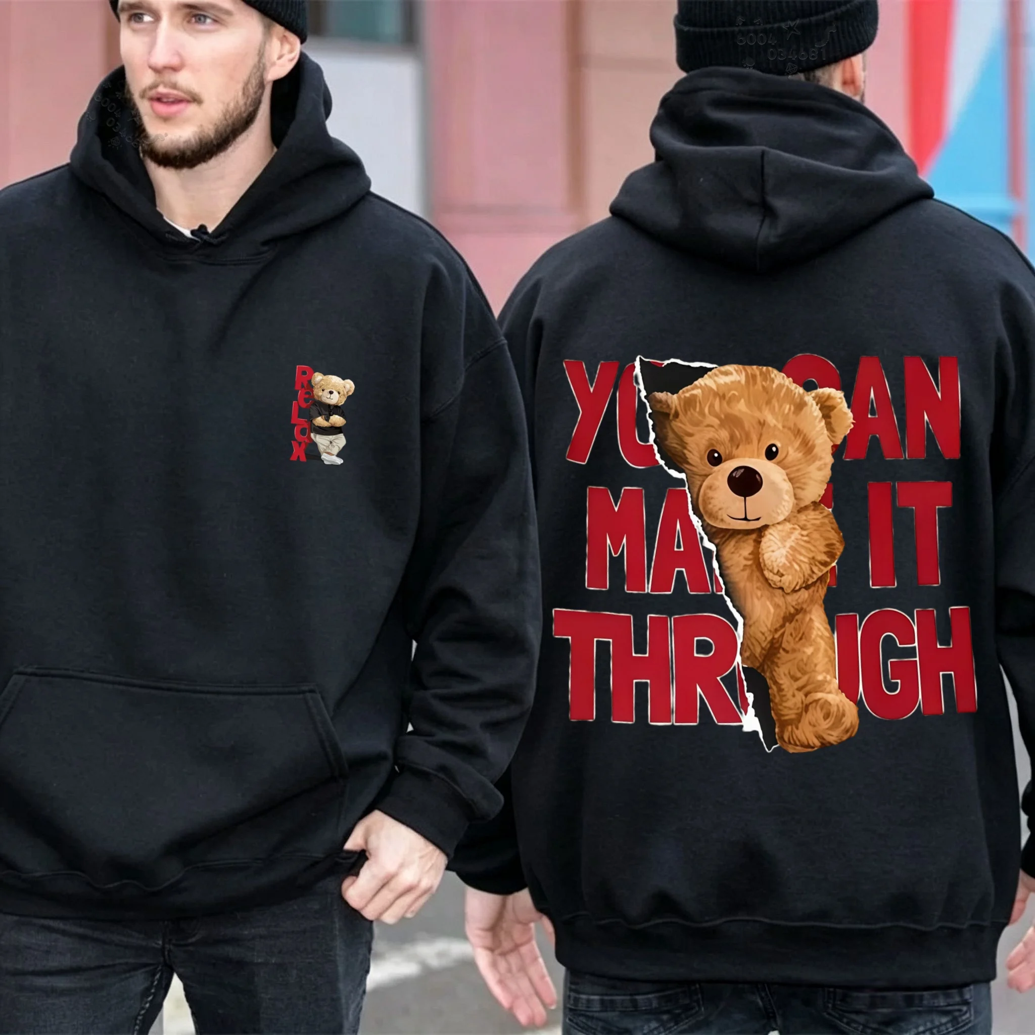 Hipster double-sided printed teddy bear men's hooded sweatshirt. Couple loose lettered bear casual long-sleeved t-shirt.