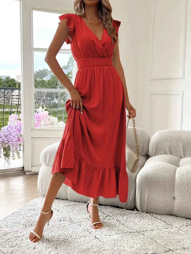 Neu im Sommer: Lange Damenkleider mit V-Ausschnitt, einfarbig, elastische Taille, Bürodame, Rüschen, Falten-Design, lässiges A-Linien-Kleid