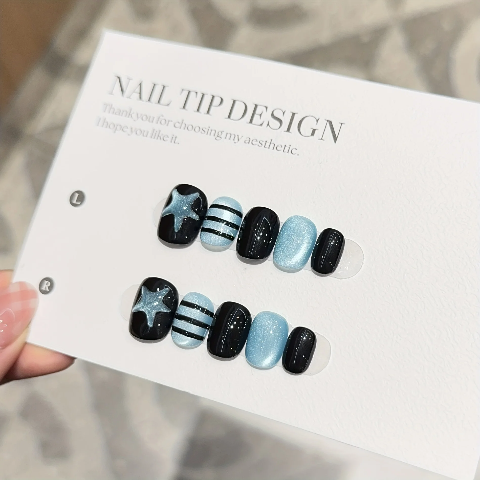 10pcs Handmade Press on Nails Star Cat Eye Star Blue Buck Full Coverage Nail Pieces for Women&Girls Detachable Wearable Nail