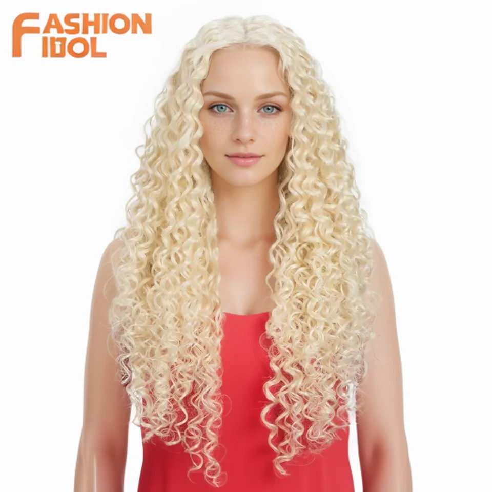 

FASHION IDOL 30" Afro Kinky Curly Lace Front Wig Synthetic With Baby Hair High Temperature Fiber Ombre Blonde Lace Wigs Cosplay