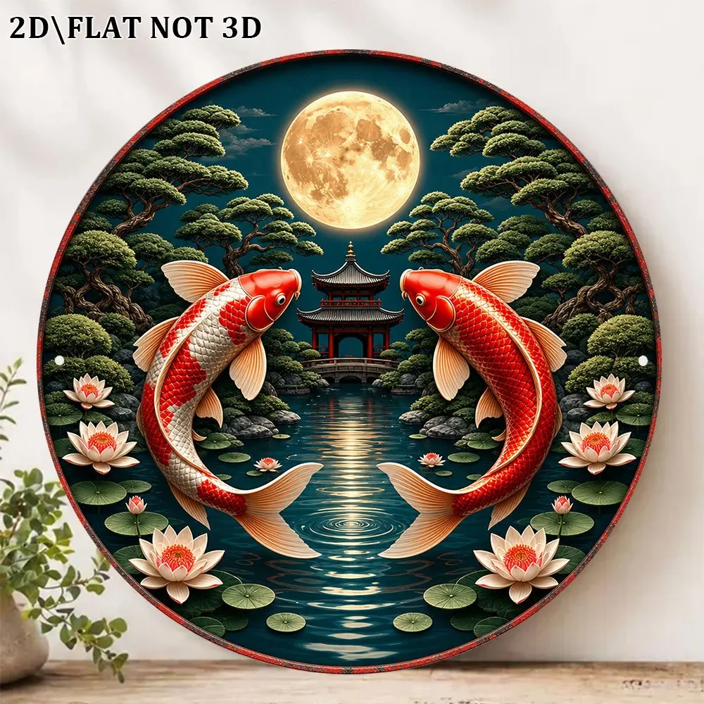 2D Flat Metal Sign Koi Pond Moon Night Japanese Garden Vintage Decor Plaque For Living Room Study Tea Room Gift