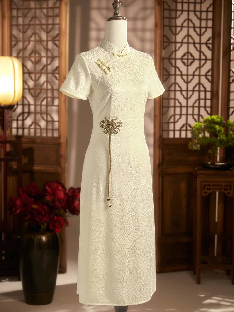 

Летнее платье для молодых мам: длинное платье-ципао А-силуэта из дышащего полиэфирного волокна с коротким рукавом