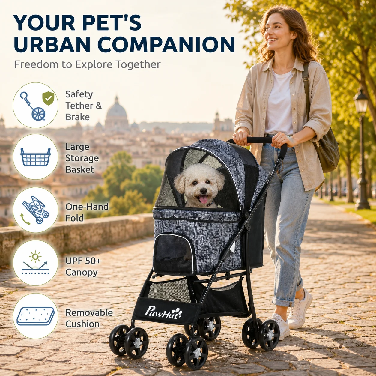 Poussette pour chien, chariot pliable pour animaux de compagnie avec panier de rangement, coussin et poche latérale, 81 x 48 x 99 cm, gris