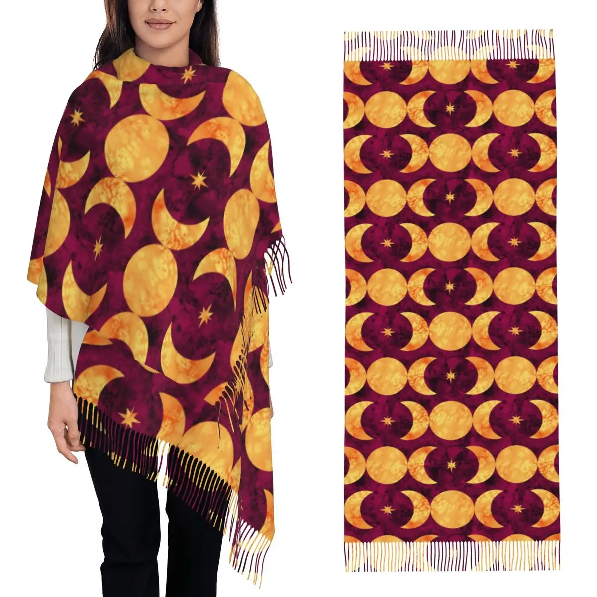 

Тройной лунный золотой красный шарф, шарфы с кисточками, женские мягкие теплые шали и накидки, длинная осенне-зимняя шаль