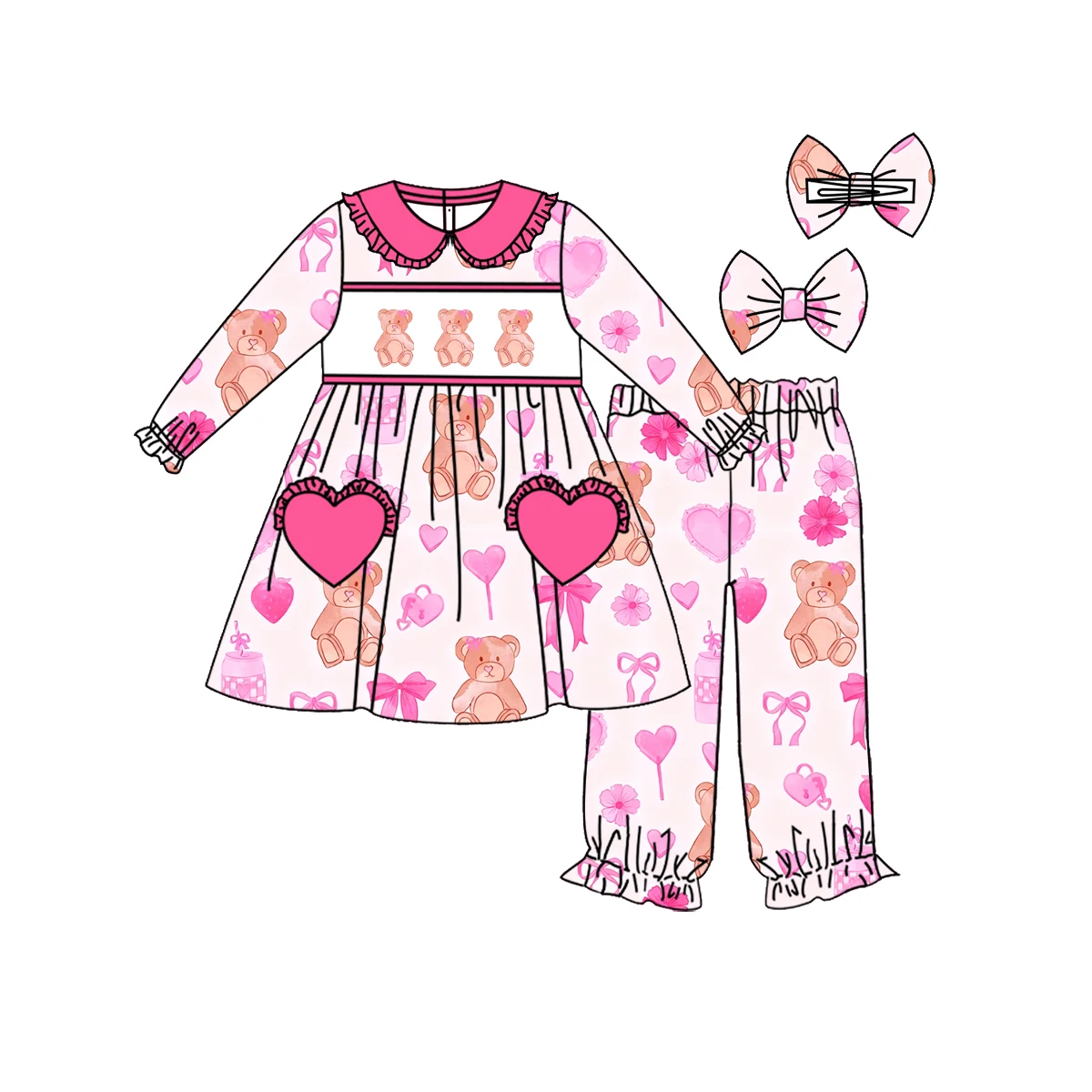 

Valentine's Day Toddler Girl Outfit Cute Cartoon Bear Bow Heart Print Pajamas Set Boutique Pink Casual Clothes for Baby Girls