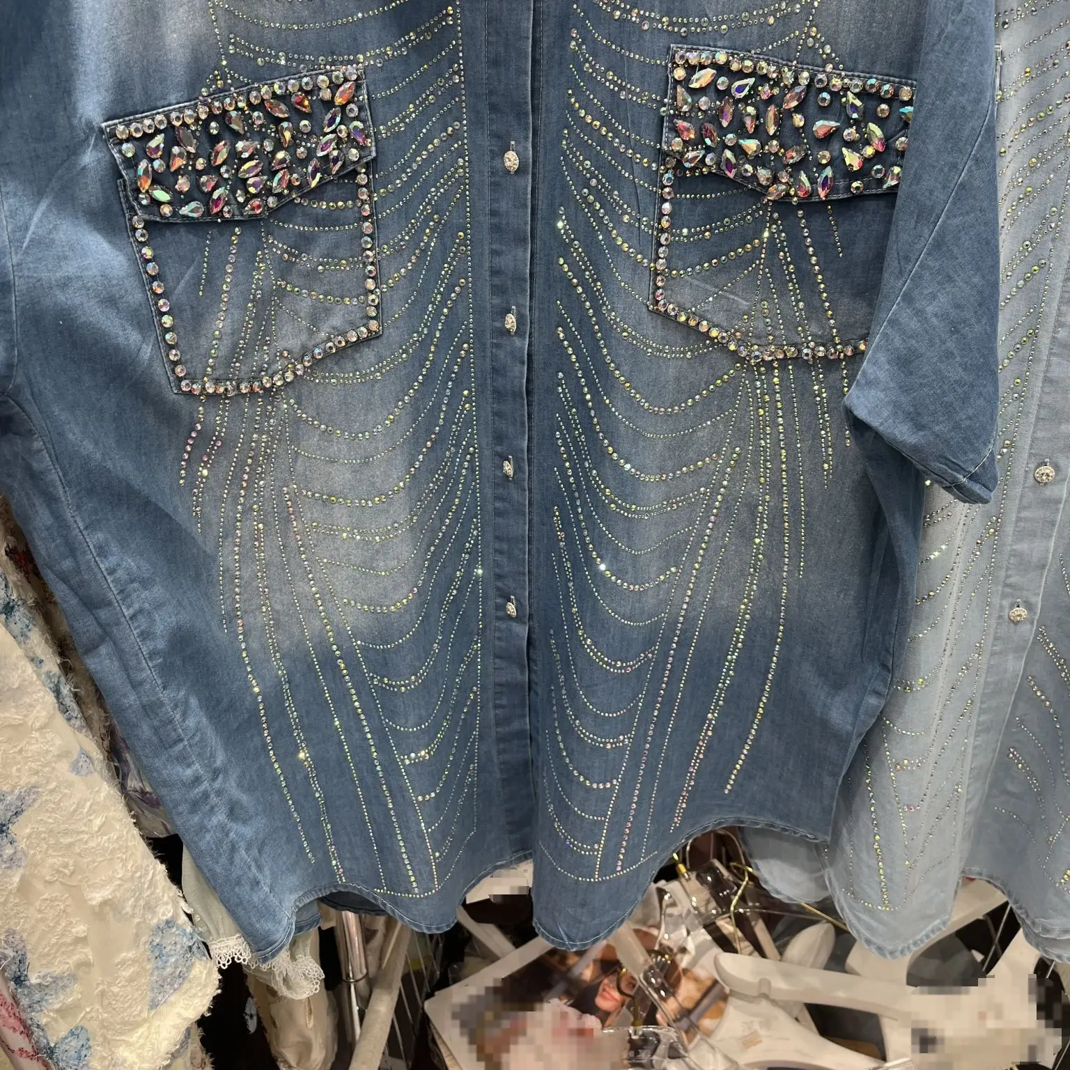 Exquisite Rhinestone Short Sleeve Denim Shirt for Women 2024 Spring and Summer New Street Cool Girl Lapel Single Breasted Top