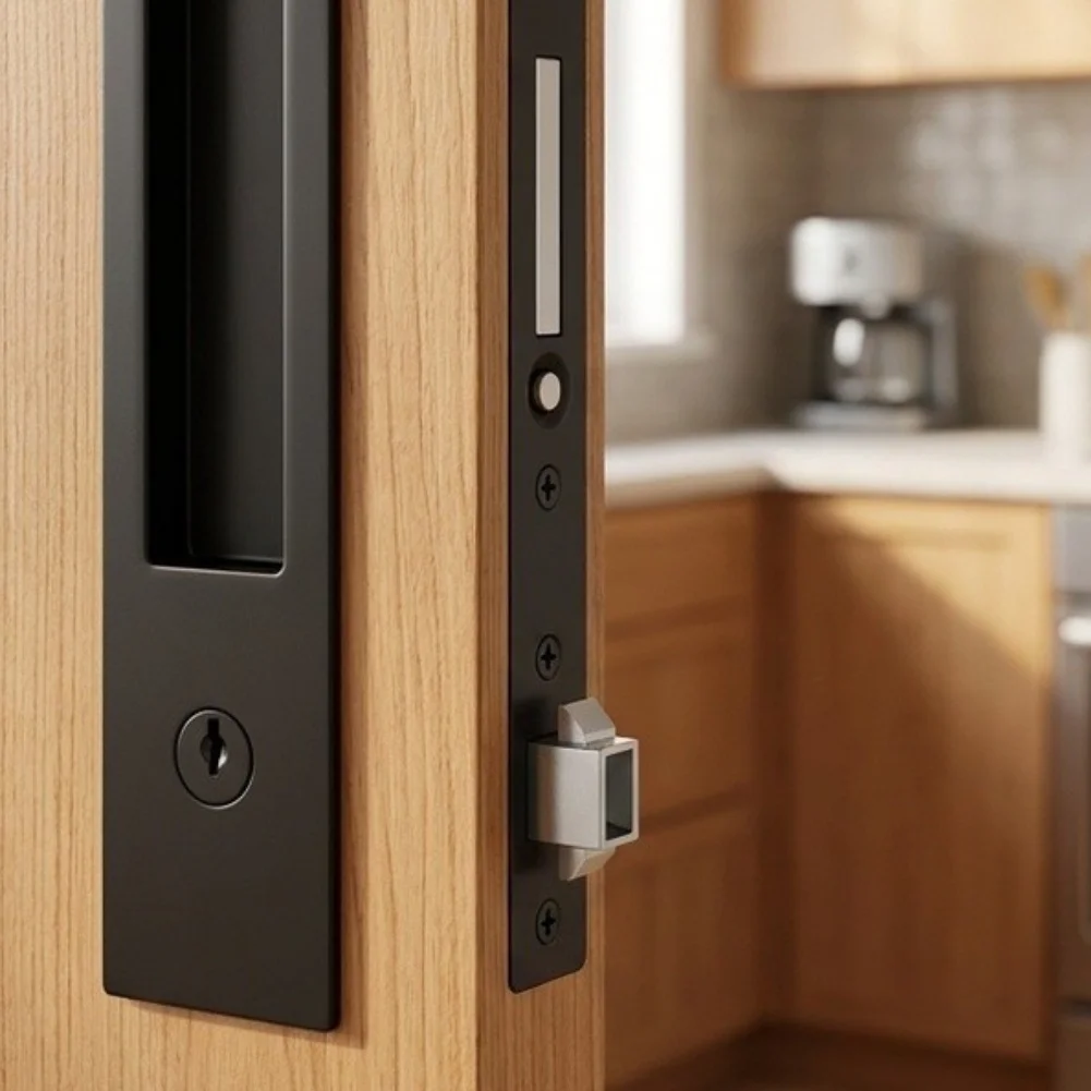 Sliding Pocket Door Lock Set Matte Black Featuring Flush Mounting Edge Pull Rod and Mechanical Hook Latch Mechanism