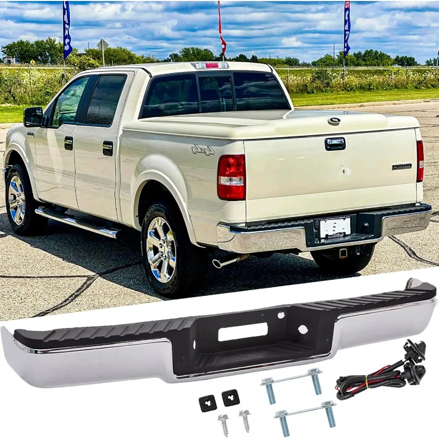 مجموعة المصد الخلفي من الفولاذ لـ 2006 2007 2008 Ford F150 بدون فتحات مستشعر الحديقة استبدال المصد الخلفي من الكروم لـ FO110