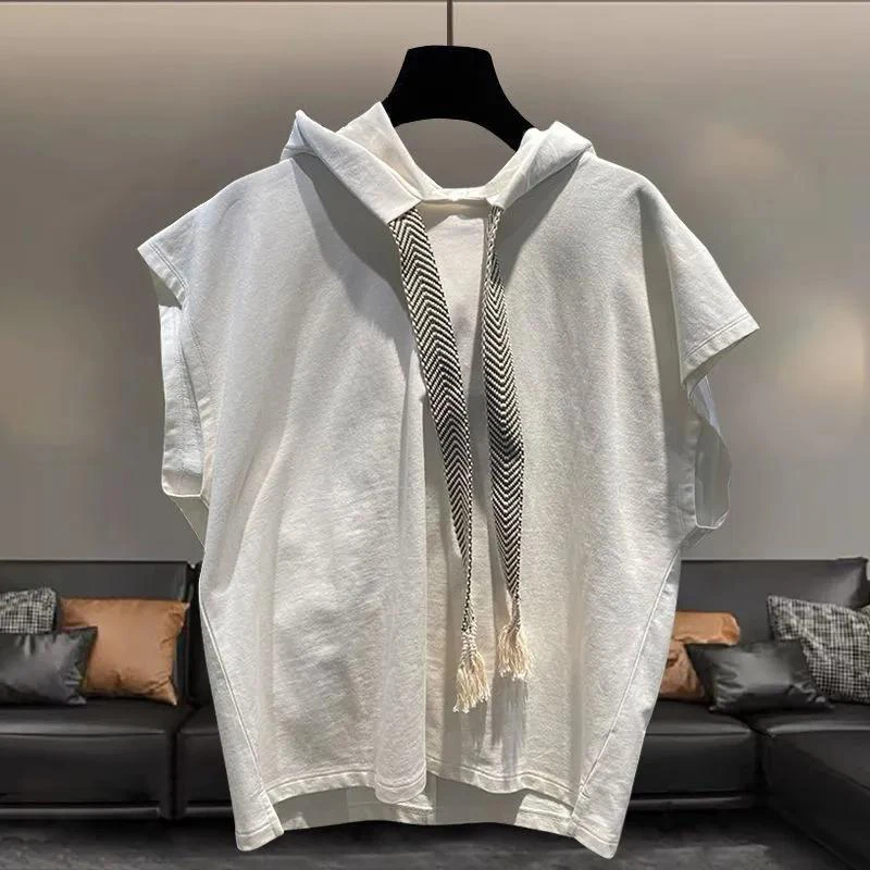 Summer Solid Men Drawstring Hooded Tank Top Fashion All-match Punk Casual 2xl Oversized Clothing Vest Tee Black White Street Gym