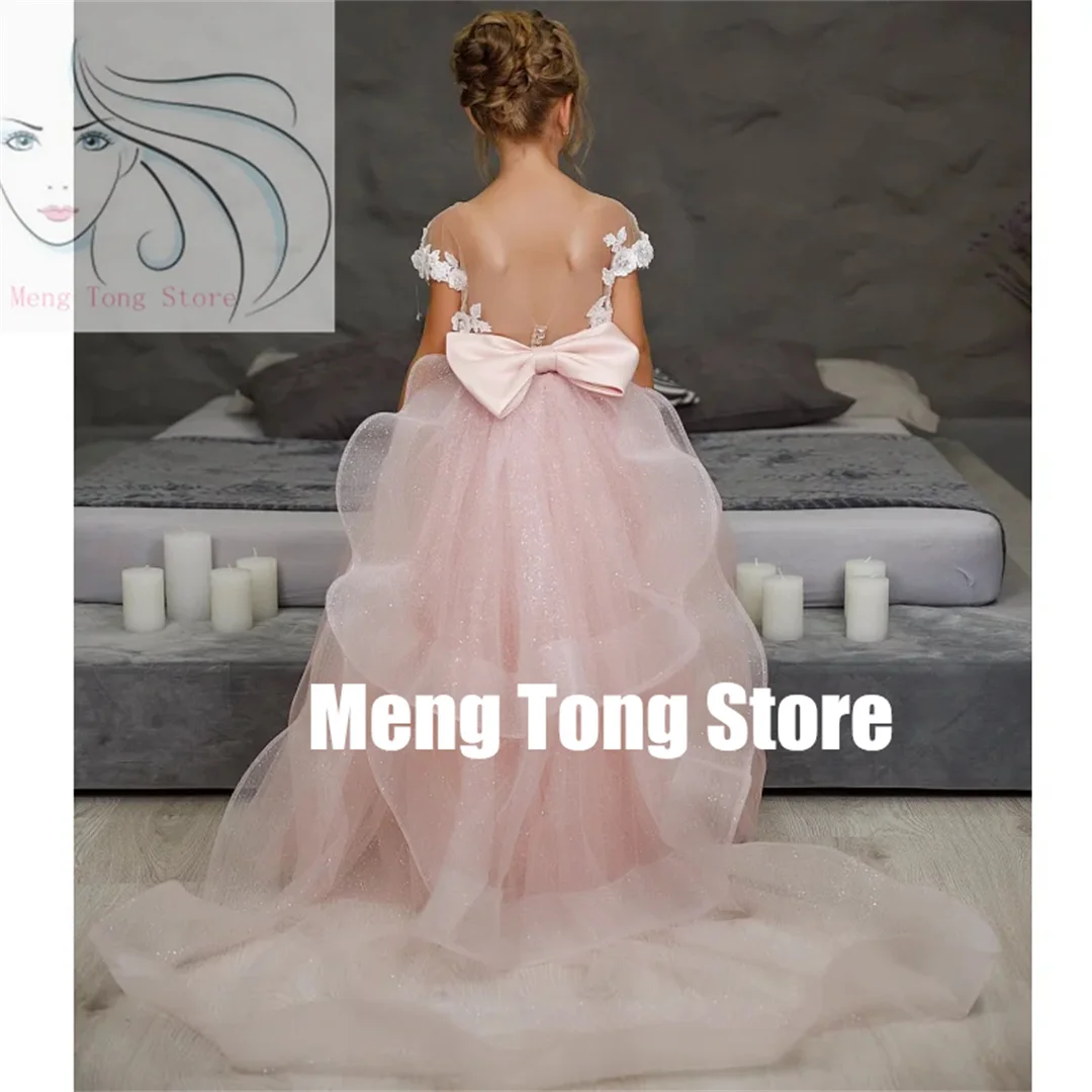 Customization Flower Girl Dresses Tulle White 3D Flowers With Bow Short Sleeve For Wedding Birthday Party First Communion Gowns