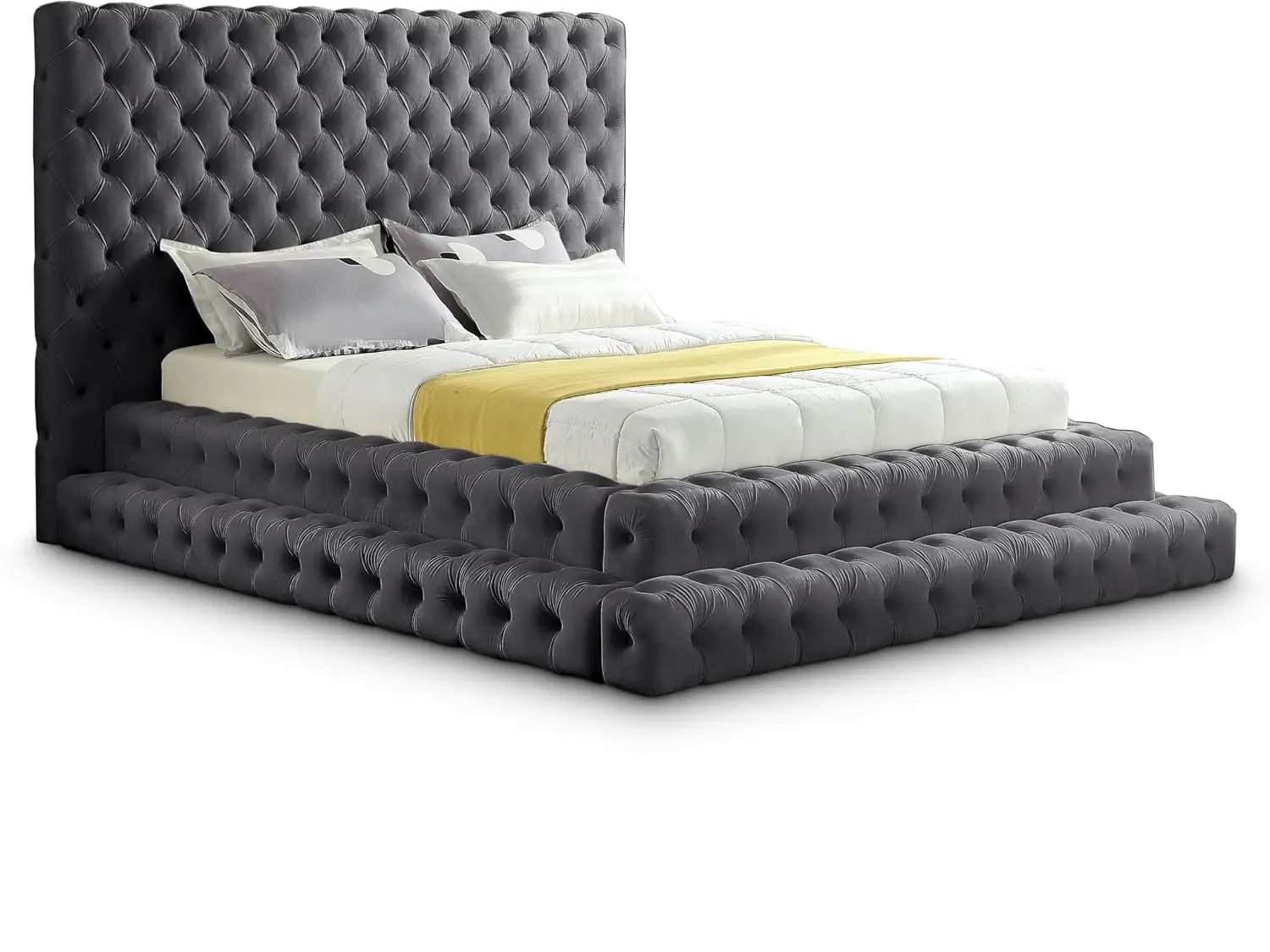 Meridian Furniture RevelGrey-Q Revel Collection Modern | Contemporary Grey Velvet Upholstered Bed with Deep Button Tufting