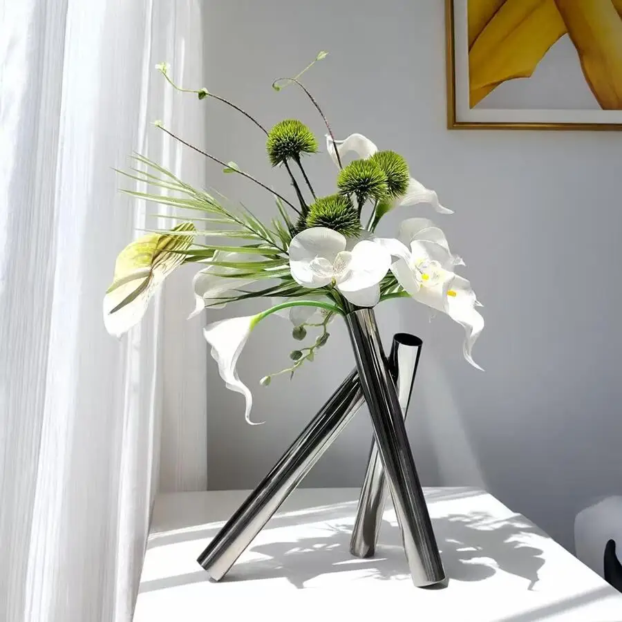 Creative Geometric Flower Vase Stainless Steel Tube Mirror Flower Ornament Modern Tripod Dried Flower Arrangement Desktop Decors