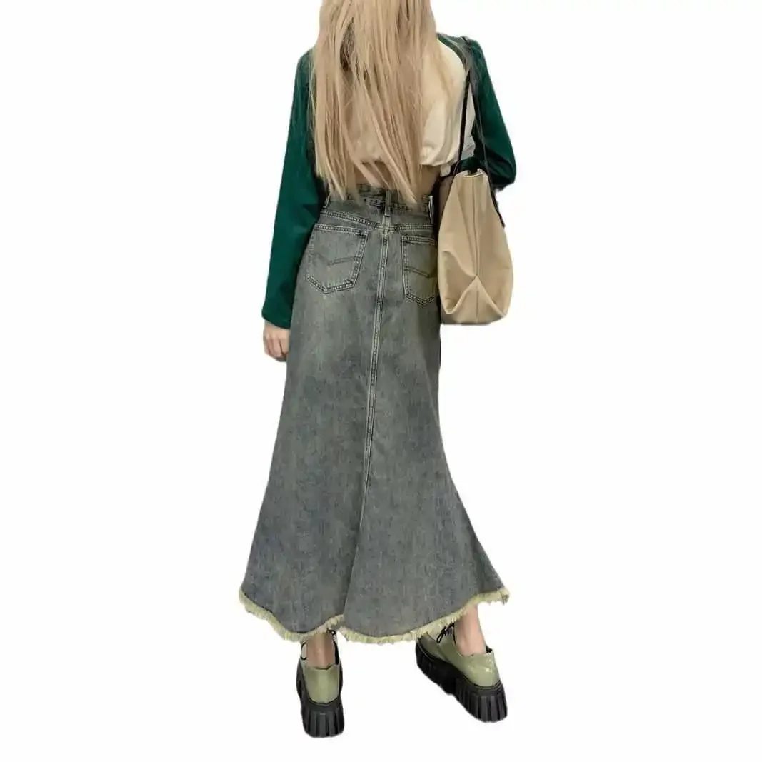 New Temperament Small Man Looking Thin Medium and Long Denim Skirt Design Feeling Rough Edge Hip Wrap Fishtail Skirt