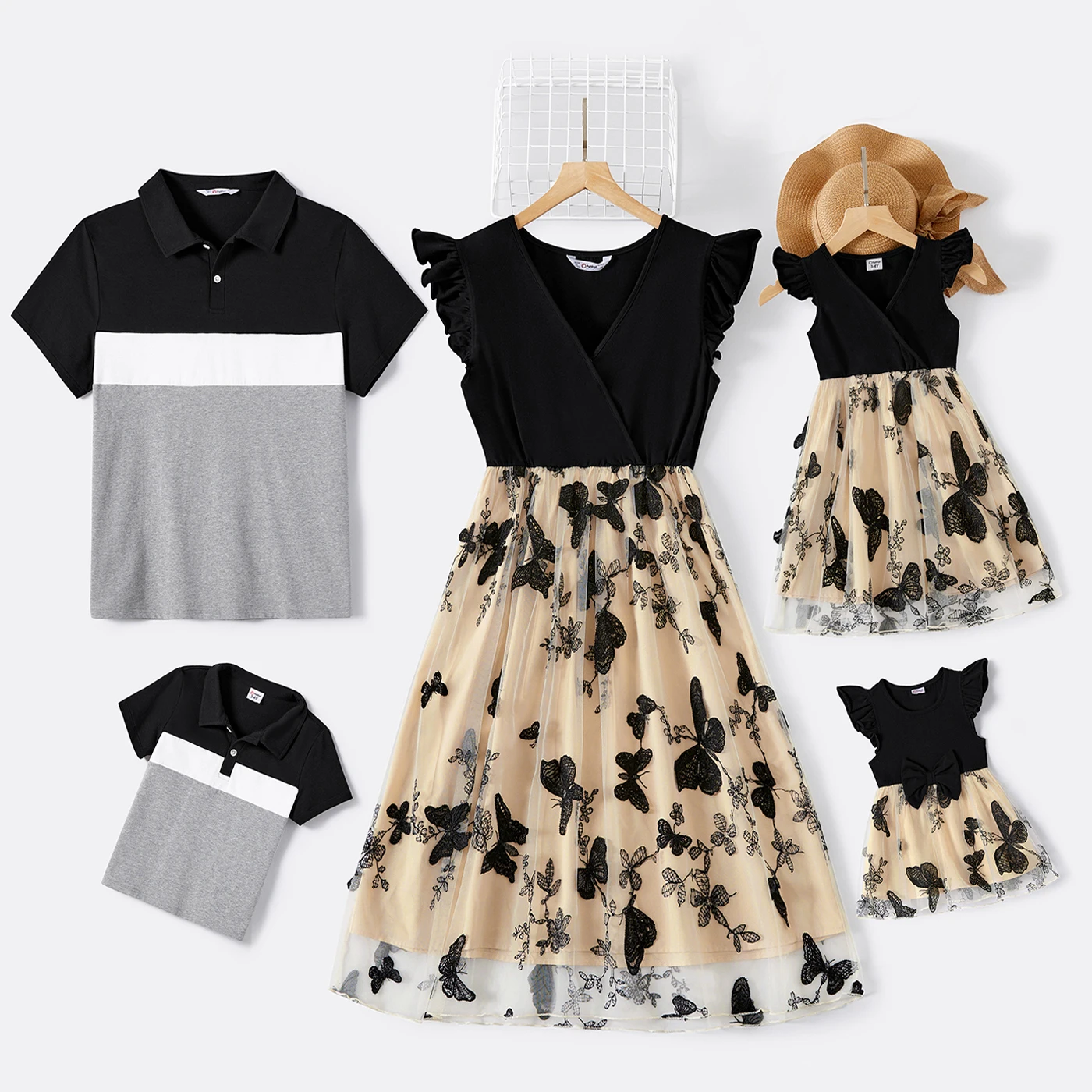 

PatPat Family Matching Solid V Neck Flutter-sleeve Splicing Butterfly Print Dresses Short-sleeve Colorblock T-shirts Outfits