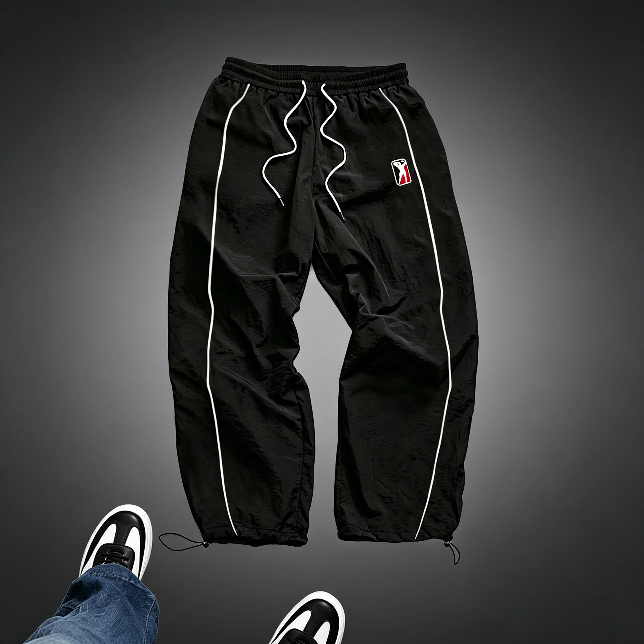 Men's Basketball Logo Striped Baggy Track Pants Lightweight Drawstring Joggers for Gym Streetwear Spring Summer