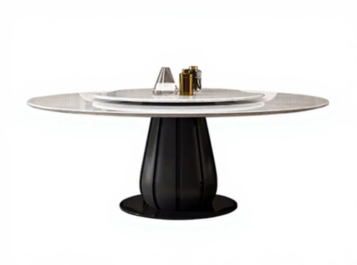 

fu-Modern Metal Base Circular Rotating Mirrored Legs Rock Slab Top 6-Seater Dining Table for Home & Restaurant Use!