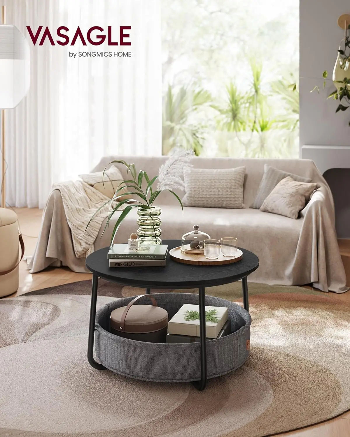 Coffee Table with Storage, Round Center Table for Living Room with Fabric Basket, Modern Style, Metal Frame, Ink Black