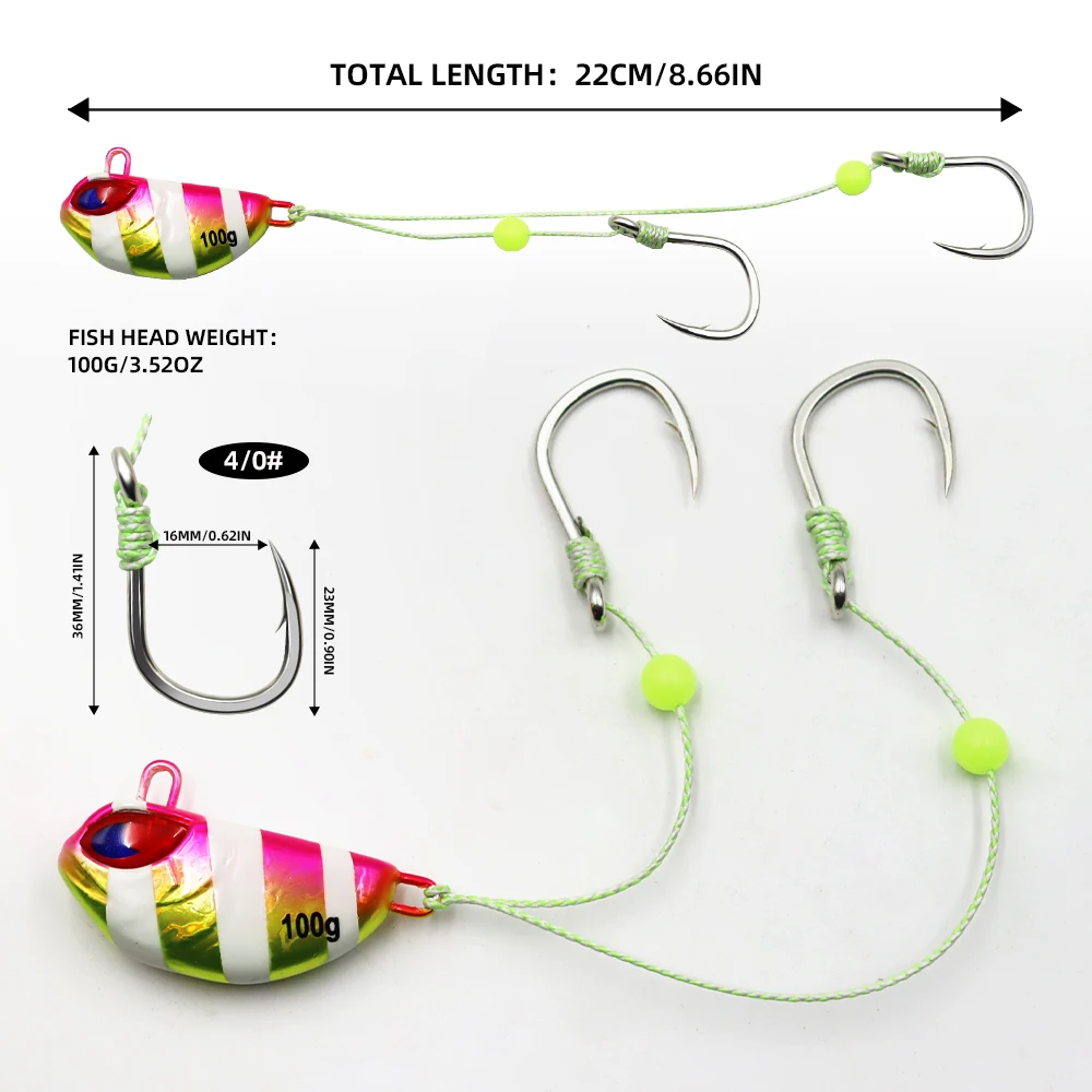 ZYZHE 1PC Sea Fishing JIG Lure 100g/3.53oz Boat Fishing Bait with Bkk 8062-5X Hooks Handmade Fishing Live Bait Rigs