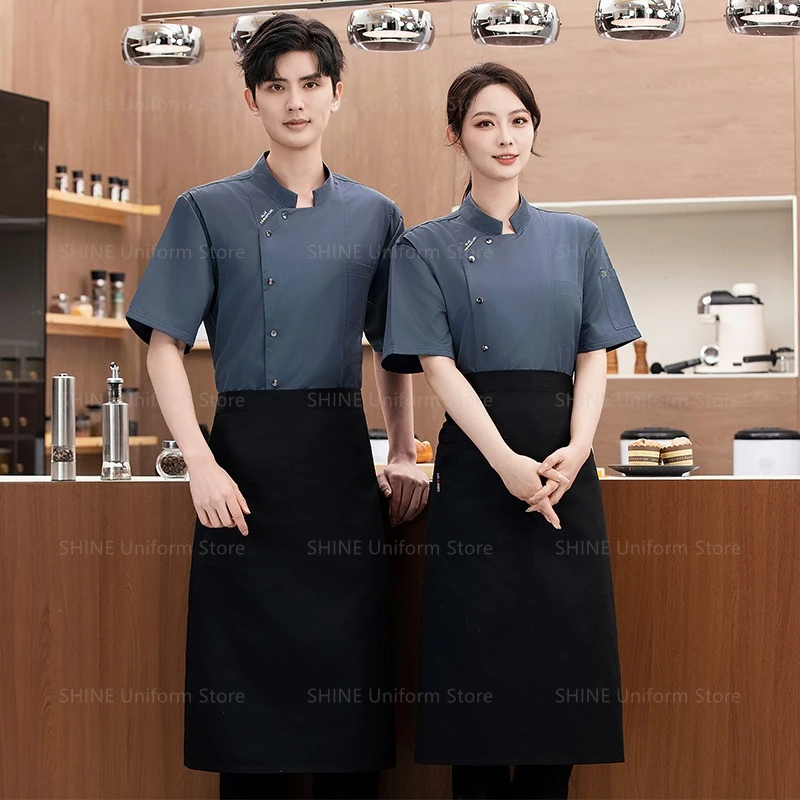 Veste de Chef à manches courtes en maille respirante grise, uniforme de Chef avec tablier, manteau de Chef de cuisine de Restaurant, vêtements de travail, accessoires pour hommes