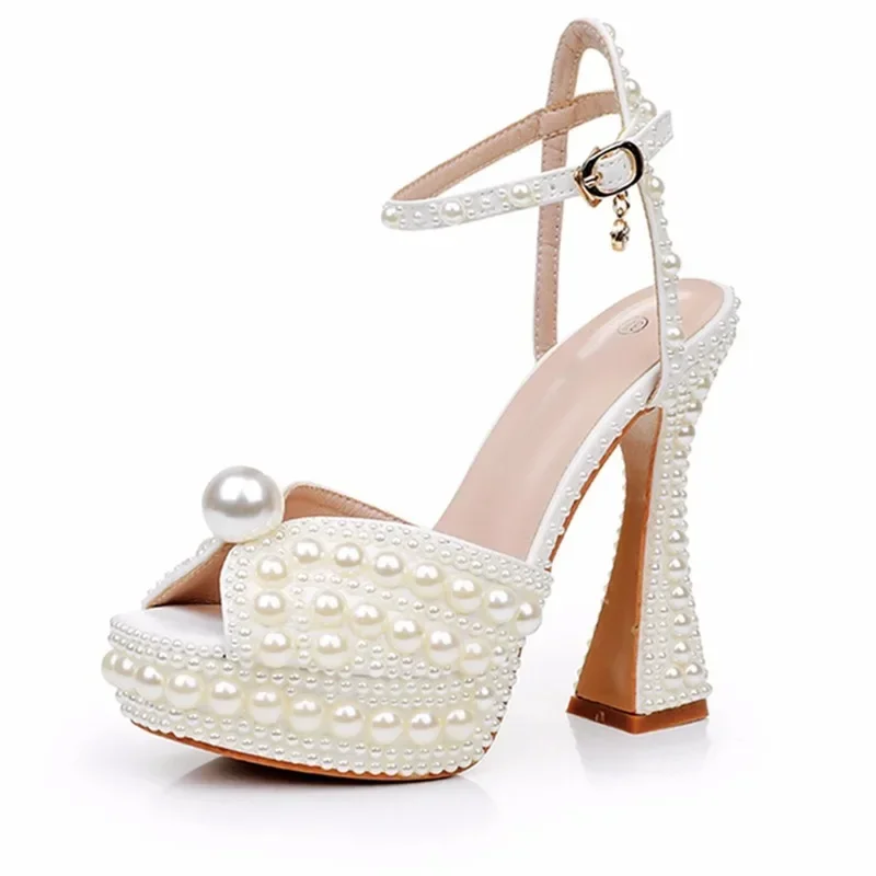 

2025 New 13cm Handmade Luxury Pearls Thick Heeled Peep toe Women Sandals Summer Fashion Wedges High heels Wedding Banquet Shoes