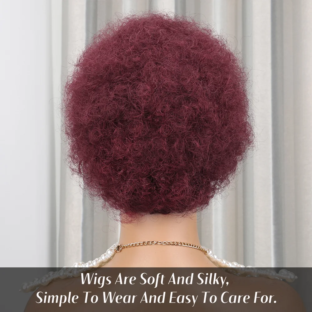 99J Burgundy Short Afro Kinky Curly Wigs for Black Women Deep Curly Pixie Cut Wig Human Hair Remy Human Hair Wear and Go Wigs